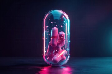 Leinwandbilder - Futuristic transparent pill bottle with glowing capsules showcasing innovative cyberpunk aesthetic design Generative AI