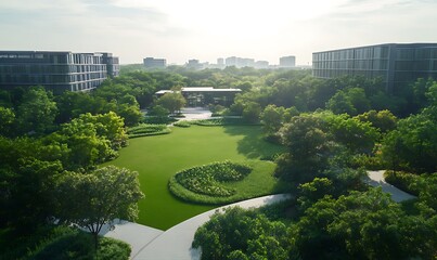 Poster - Lush green park landscape with modern buildings in the background under a bright sky.