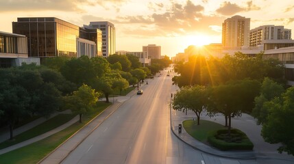 Aufkleber - Sunset over a city street, with buildings reflecting warm light and lush greenery lining the road.