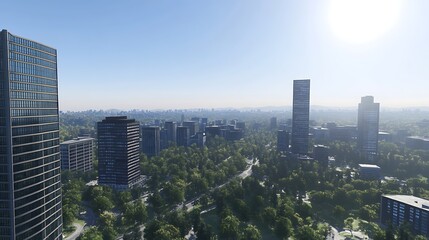 Poster - Urban skyline with modern architecture and lush greenery under bright sunlight.