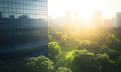 Aufkleber - Urban landscape blending nature and modern architecture under a golden sunrise.