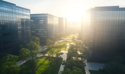Aufkleber - Modern buildings surrounded by greenery with sunlight streaming through, creating a tranquil urban landscape.