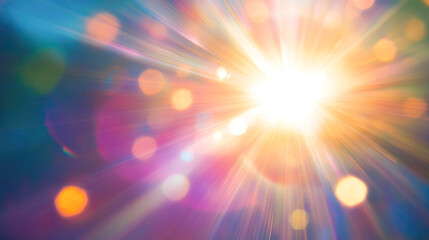 Radiant burst of colorful light rays and bokeh circles in abstract background
