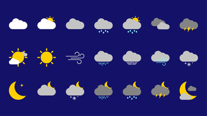 weather forecast icon set on dark blue background, weather forecast icons, vector illustration, flat