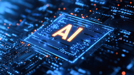 Wall Mural - futuristic digital circuit board with glowing ai text in orange and blue