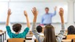 © Mobasser - Eager Learners in the Classroom: Capture the essence of education with this vibrant image featuring students raising their hands in a classroom setting. A dynamic classroom environment.