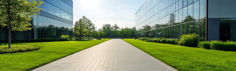Aufkleber - Modern office park featuring symmetrical glass architecture in a business setting.