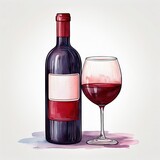 Elegant Watercolor Illustration Of A Bottle Of Red Wine And A Wine Glass With Light Background