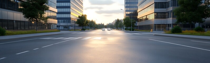 Aufkleber - A serene dawn city intersection scene surrounded by modern architecture captured in a high-quality image.