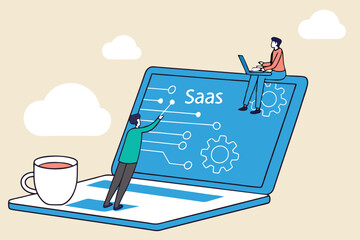 SaaS software as a service, cloud computing software for client subscription, internet web application online platform provider concept, businessman working with computer laptop on SaaS screen.
