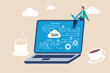 SaaS software as a service, cloud computing software for client subscription, internet web application online platform provider concept, businessman working with computer laptop on SaaS screen.