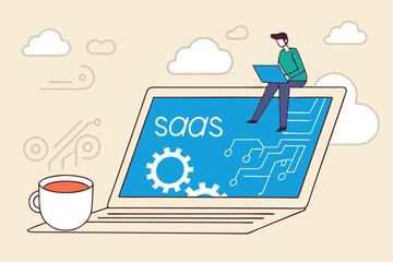 SaaS software as a service, cloud computing software for client subscription, internet web application online platform provider concept, businessman working with computer laptop on SaaS screen.