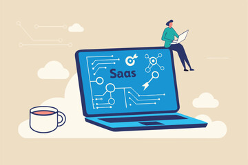 SaaS software as a service, cloud computing software for client subscription, internet web application online platform provider concept, businessman working with computer laptop on SaaS screen.