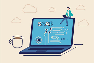 SaaS software as a service, cloud computing software for client subscription, internet web application online platform provider concept, businessman working with computer laptop on SaaS screen.