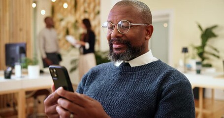 Poster - Business, typing and man in office, cellphone and connection with research for article. Smartphone, person and employee with internet, journalist and editor for magazine, social media and digital app