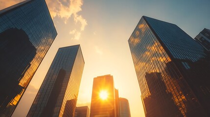 Poster - A stunning city skyline featuring glass skyscrapers with reflections in a vibrant urban setting.