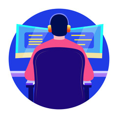 A flat style illustration of developer character sitting in front of system screen