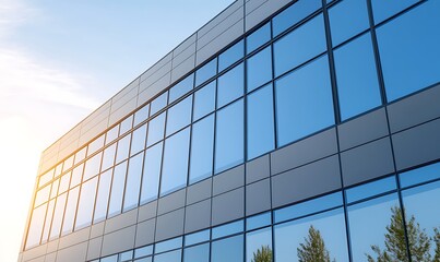 Fototapete - A close-up image of a futuristic office building showcasing modern architectural design.