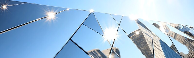 Poster - Close-up photo of mirrored skyscrapers reflecting their surroundings in an urban setting.