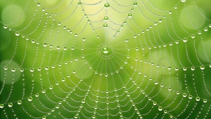 a delicate spiderweb glistening with morning dew. The intricate web is covered in sparkling water droplets against a soft green bokeh background