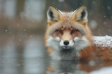 Poster - Red fox standing in shallow water with snowflakes falling in a forest setting during winter Generative AI