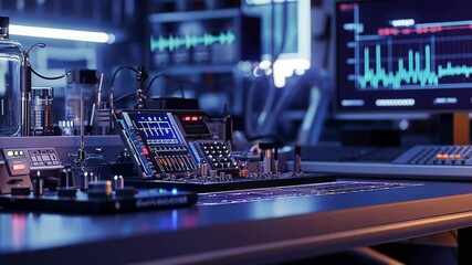 A medium closeup image depicting an organized array of custom biosensors on a lab workbench with calibration equipment and digital readouts displaying realtime biometric data flowing