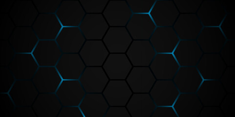Abstract Dark Hexagonal Pattern with Futuristic Glow. Modern Technology-Inspired Black Honeycomb Grid. Hexagon. Technology. Vector.