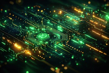 Wall Mural - futuristic green technology circuit with glowing neon lights and abstract nodes