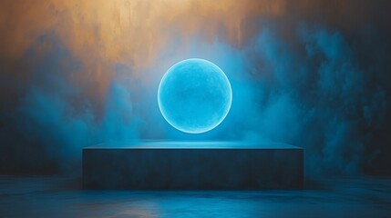 Wall Mural - a glowing blue orb floats above a concrete platform in mist
