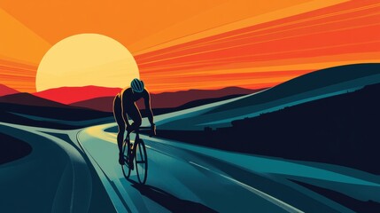 Poster - Cyclist rides toward glowing sunset through rolling hills at golden ratio intersection during evening time Generative AI