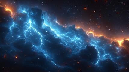 Wall Mural - Electric Blue Nebula Explodes with Fiery Orange Light. AI Generated