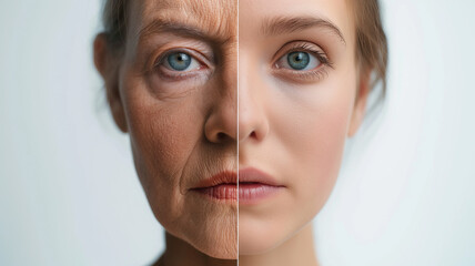 Poster - This Juxtaposed faces show aging on one side and rejuvenation from stem cell treatment on the other.