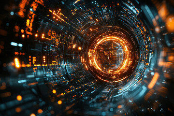 Poster - Abstract digital tunnel with glowing orange and blue circuits, depicting futuristic technology and data flow.