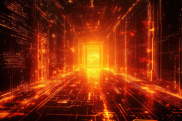 glowing orange digital tunnel, futuristic circuitry, vibrant, abstract, technological, glowing lines