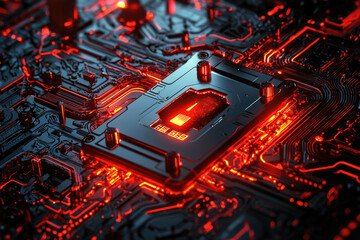 Poster - Close-up of a futuristic computer motherboard with glowing red circuits and a central processing unit.