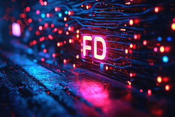 Poster - Neon 'FD' sign on a futuristic circuit board, glowing with vibrant red and blue lights.