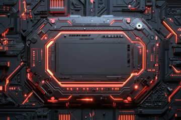 Poster - Futuristic technology background with glowing red circuits and a central black panel.