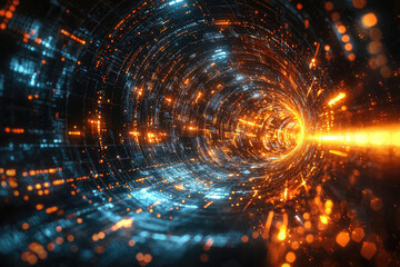 Poster - Abstract digital tunnel with swirling orange and blue lights, representing data flow or virtual reality.