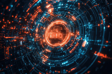 Poster - Abstract digital tunnel with glowing neon lines and circuits, futuristic technology background.