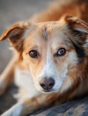 Poster - Golden brown dog with expressive eyes resting on a rocky surface in natural light during the afternoon Generative AI