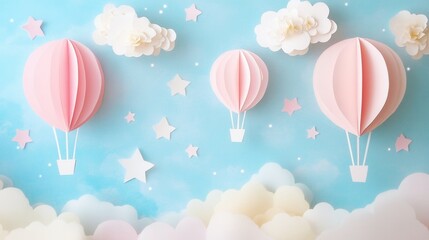 Poster - Whimsical paper art background with pastel clouds, balloons, and stars creating a dreamy atmosphere for creative projects Generative AI