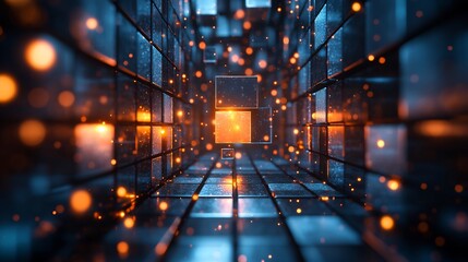 Wall Mural - Abstract glowing cubes tunnel vibrant warm light. AI Generated
