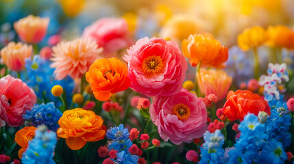 Poster - Colorful flower garden blooming in spring with vibrant petals and sunlight casting a warm glow