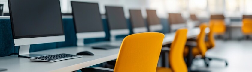 A row of modern workstations featuring sleek computers and vibrant orange chairs in a bright, open office environment.