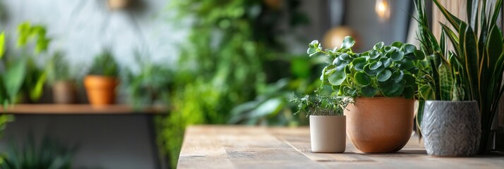 Poster - Green plants adorn a wooden table in a bright indoor garden setting with natural light and earthy decor Generative AI