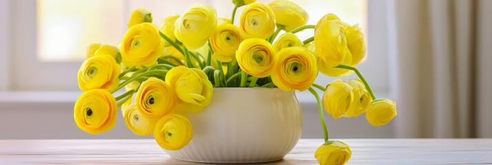 Poster - Bright yellow ranunculus flowers in a simple white vase on a wooden table by a sunny window