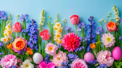 Poster - Colorful spring flowers and decorative eggs create a vibrant Easter celebration backdrop