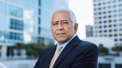 Happy wealthy rich successful hispanic businessman standing in big city modern skyscrapers street on sunset thinking of successful future vision, dreaming of new investment opportunities.