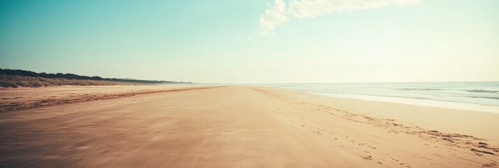 Poster - Endless sandy beach at sunset with a tranquil horizon inviting relaxation and reflection Generative AI