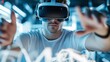 © Alex Piatkowski - Man wearing virtual reality headset interacts with 3D holographic display in a modern tech environment
